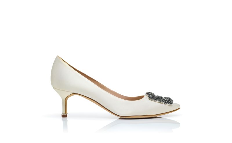 Side view of Hangisi 50, White Satin Jewel Buckle Pumps - US$1,350.00