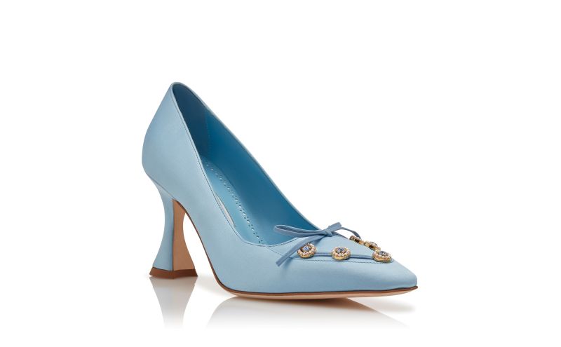 POLYPEMAHI, Light Blue Satin Embellished Pumps, 1395 USD