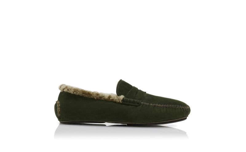 Side view of Designer Dark Green Suede Shearling Lined Loafers