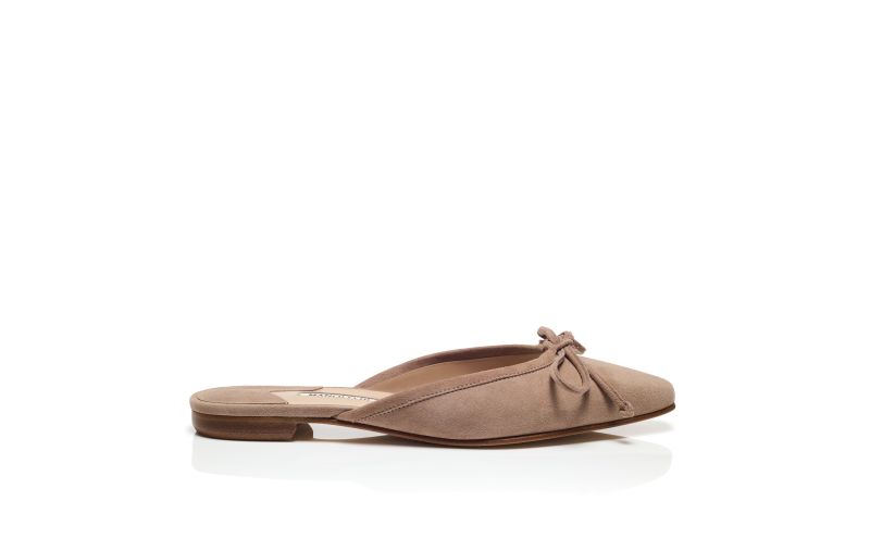 Side view of Ballerimu, Light Beige Suede Flat Mules - US$745.00