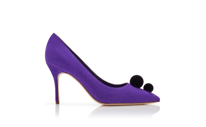Side view of Piera,  Purple Suede Pom Pom Detail Pumps - US$555.00