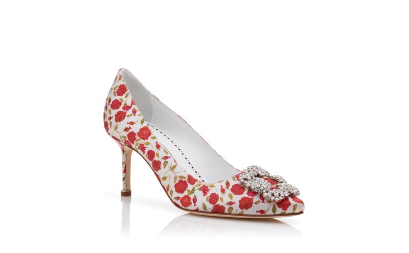 Hangisi 70, White and Red Satin Jewel Buckle Pumps - US$1,225.00