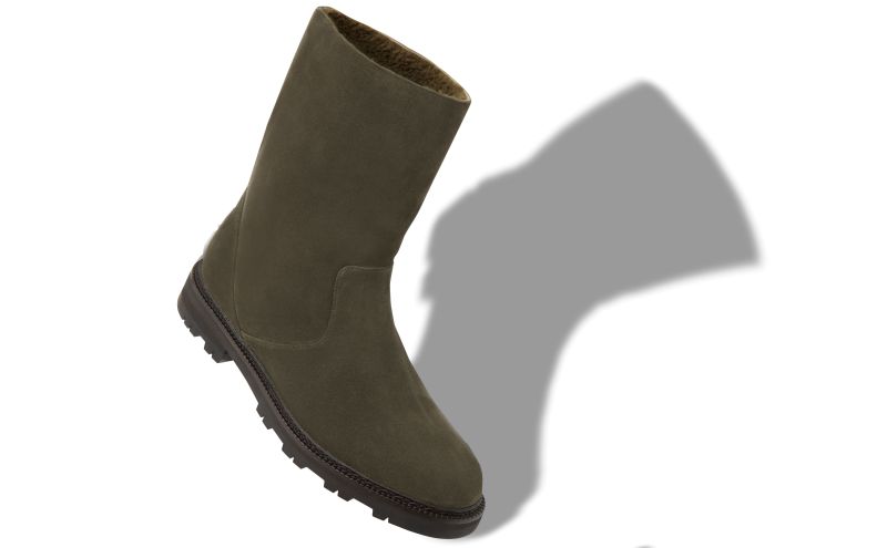 Designer Khaki Green Calf Suede Shearling Boots