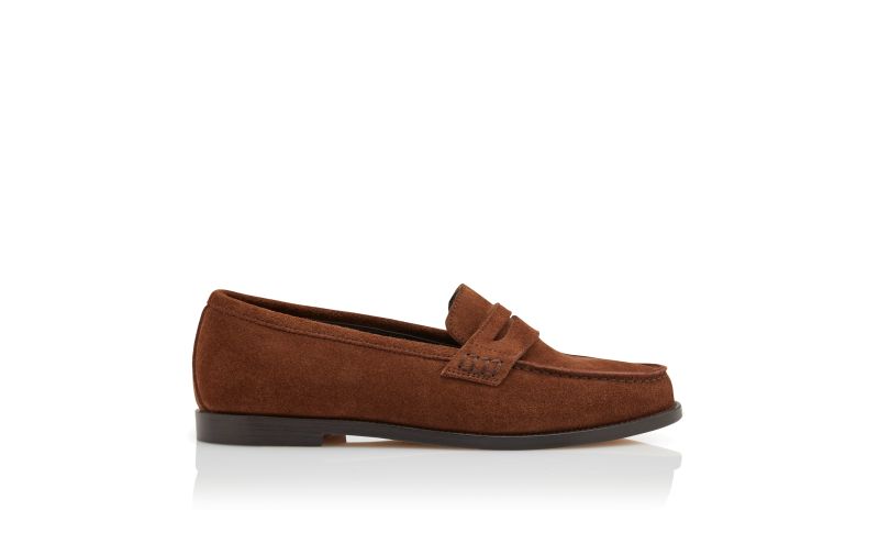 Side view of Designer Dark Brown Suede Penny Loafers