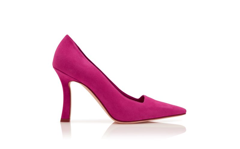 Side view of Moira, Dark Pink Suede Square Cut Pumps - €750.00
