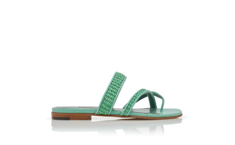 Side view of Susara, Green Raffia Flat Sandals  - US$438.00