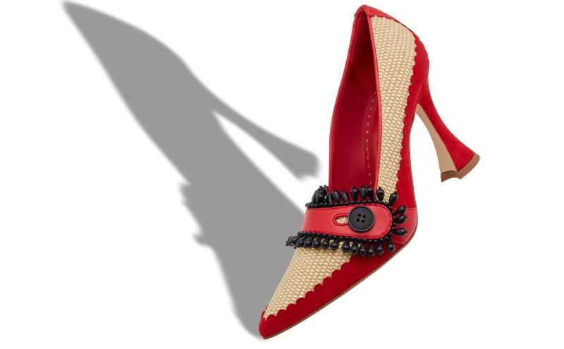 Trebeda, Red and Beige Raffia Pointed Toe Pumps - AU$1,123.00