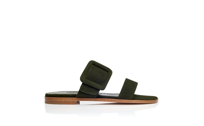 Side view of Titubaflat, Dark Green Suede Flat Sandals - US$825.00