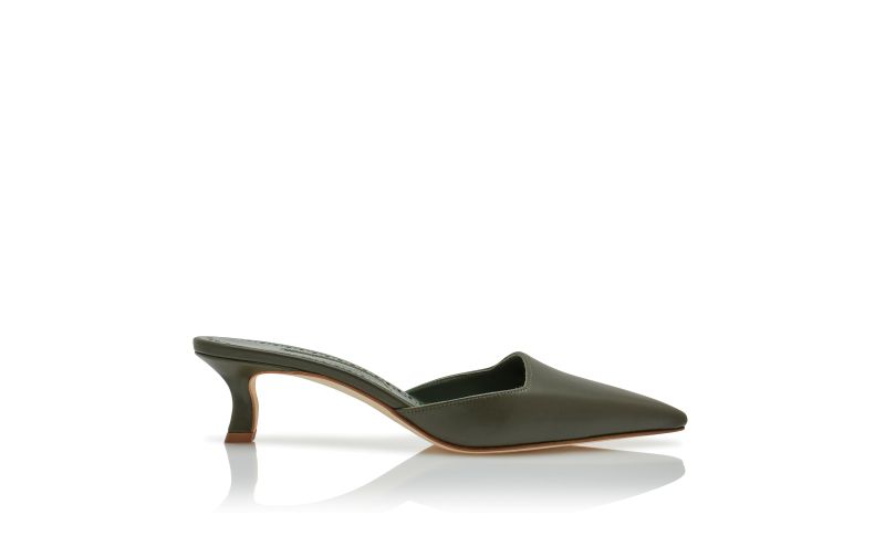 Side view of Moiramu, Dark Green Nappa Leather Square Cut Mules - £625.00