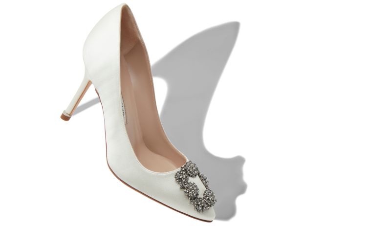 Hangisi 90, White Satin Jewel Buckle Pumps - US$1,195.00 