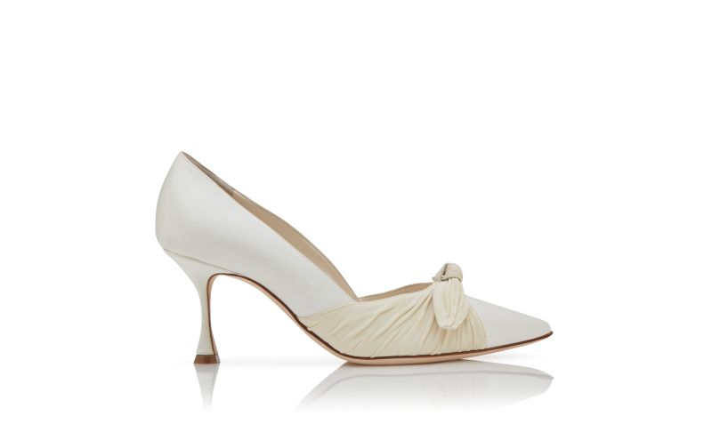 Side view of Terka, White and Cream Satin Bow Detail Pumps - £775.00
