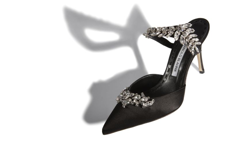 Designer Black Satin Crystal Embellished Mules