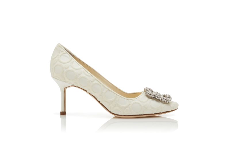 Side view of Hangisi 70, White Silk Jewel Buckle Pumps - US$1,350.00
