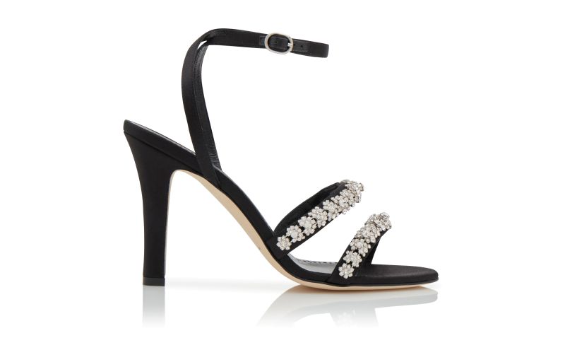 Side view of Vedada, Black Satin Crystal Embellished Sandals - €1,395.00