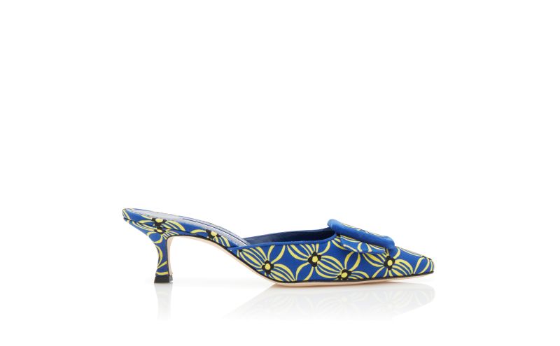 Side view of Designer Blue and Yellow Canvas Floral Mules 