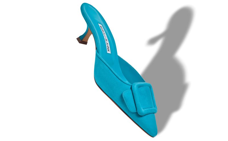 Maysale, Blue Suede Buckle Detail Mules - US$915.00 