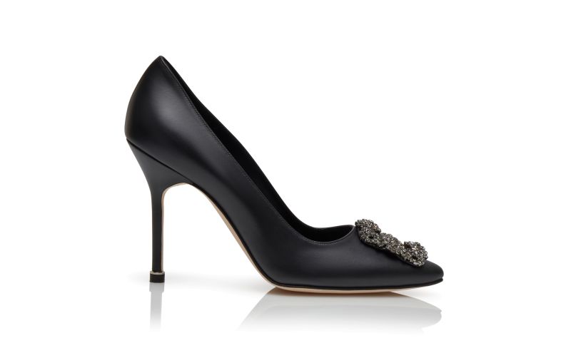 Side view of Hangisi, Black Calf Leather Jewel Buckle Pumps - US$1,245.00