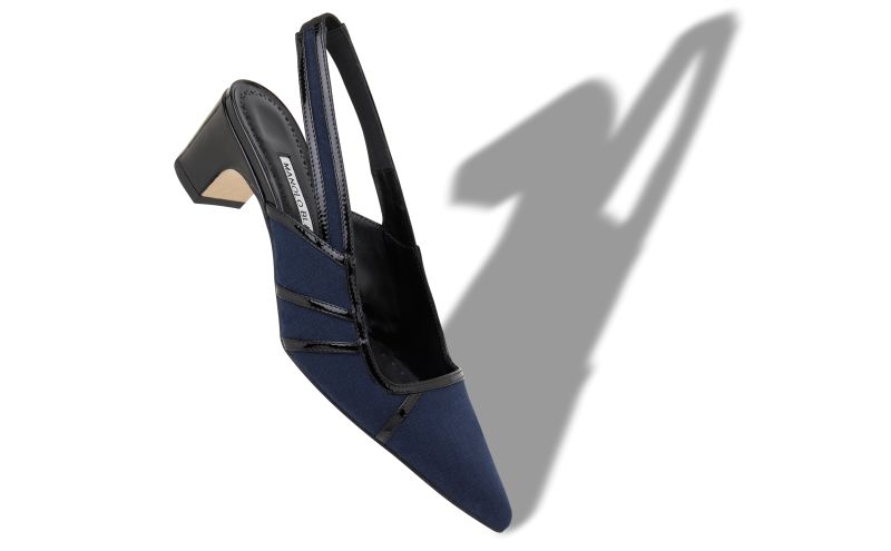 Furrun, Navy Blue and Black Linen Geometric Slingback Pumps - AU$1,735.00 