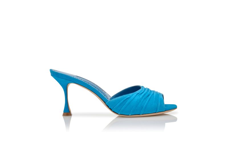 Side view of Pirua, Blue Suede Ruched Open Toe Mules - US$795.00