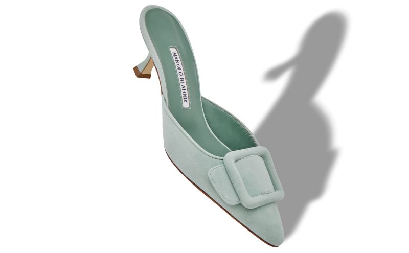 Maysale, Light Green Suede Buckle Detail Mules - US$795.00 
