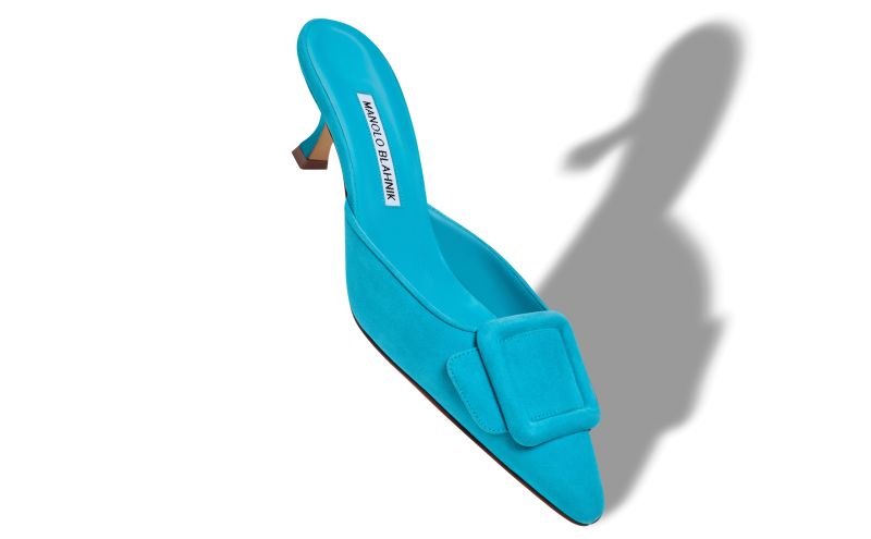 Maysale, Blue Suede Buckle Detail Mules - US$915.00 