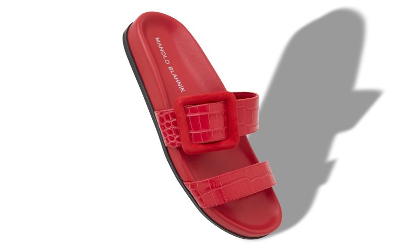 Mayfu, Red Calf Leather Buckle Detail Flat Mules - US$507.00 
