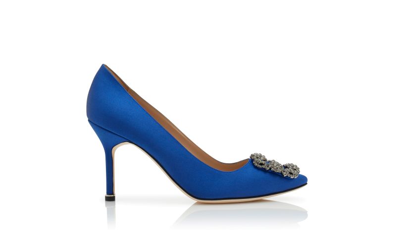 Side view of Hangisi 90, Blue Satin Jewel Buckle Pumps - £945.00