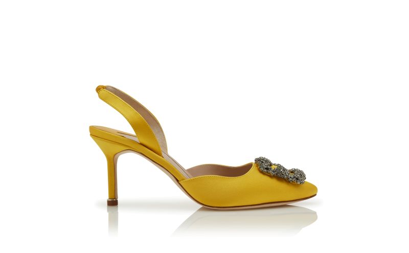 Side view of Hangisli, Yellow Satin Jewel Buckle Slingback Pumps - AU$2,135.00