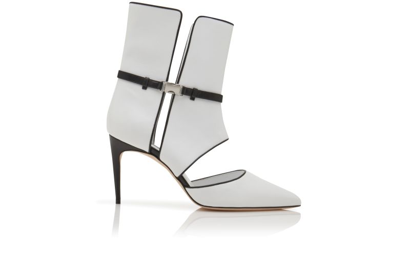 Side view of Designer White and Black Nappa Leather Mid Calf Pumps