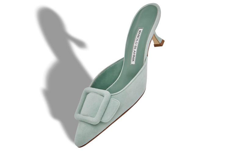 Maysale, Light Green Suede Buckle Detail Mules - US$795.00