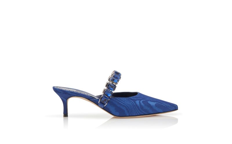 Side view of Designer Blue Moire Jewel Strap Mules