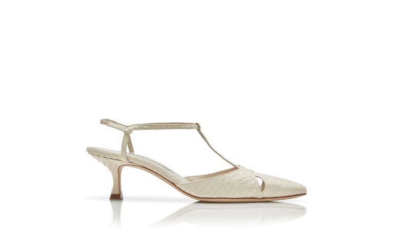Side view of Turgimod, Cream Snakeskin T-Bar Pumps - US$975.00