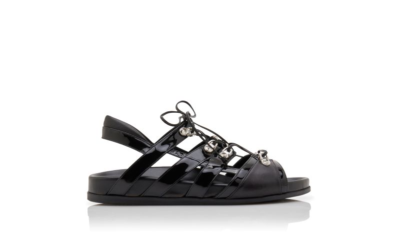 Side view of Designer Black Nappa Leather Lace-Up Sandals