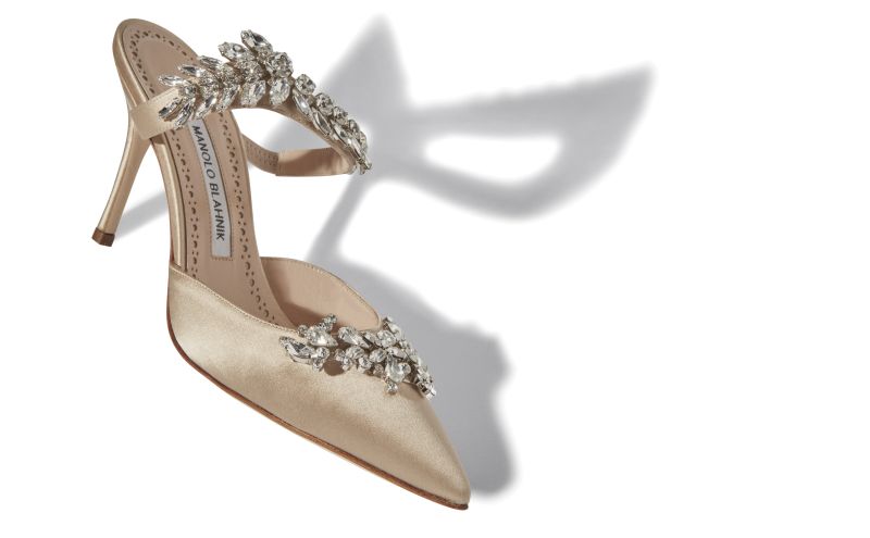 Lurum, Champagne Satin Crystal Embellished Mules - £1,075.00 