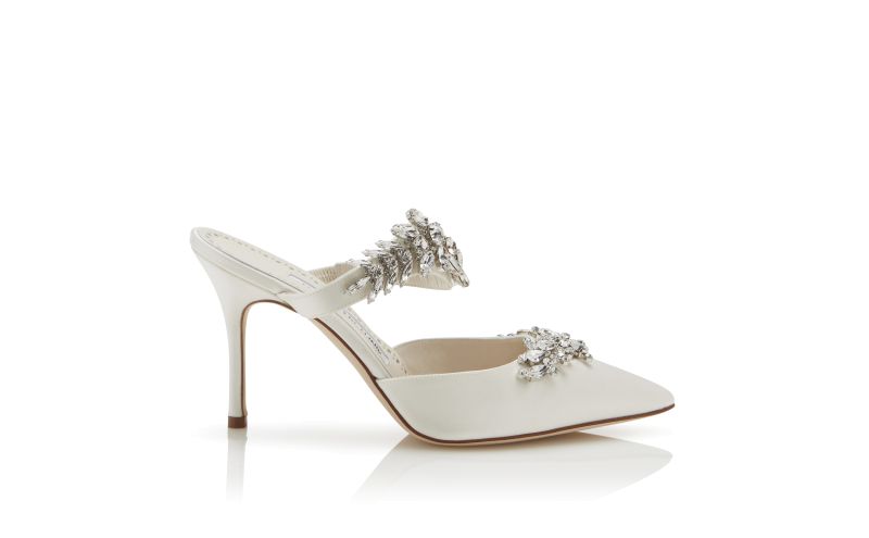 Side view of Designer White Satin Crystal Embellished Mules
