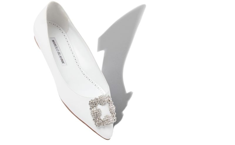 Hangisiflat, White Calf Leather Jewel Buckle Flat Pumps - €1,075.00 