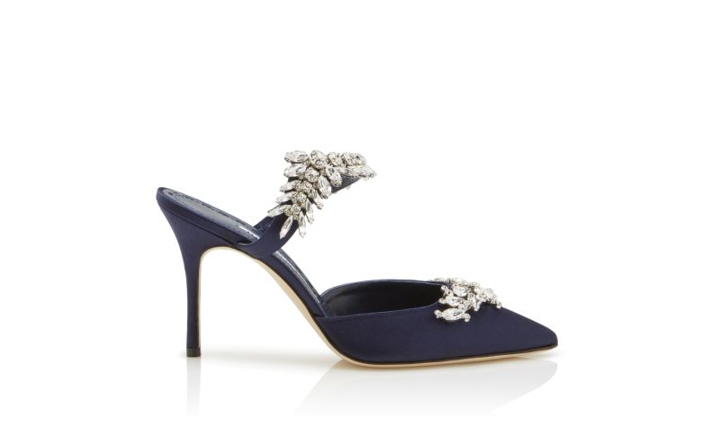 Side view of Lurum, Navy Satin Crystal Embellished Mules - £1,075.00