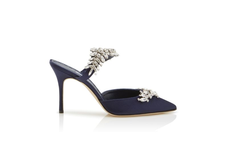 Side view of Lurum, Navy Satin Crystal Embellished Mules - AU$2,425.00