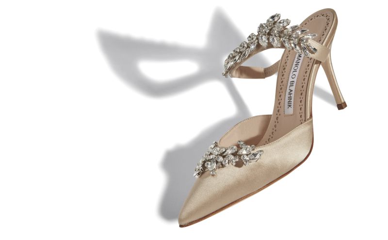 Lurum, Champagne Satin Crystal Embellished Mules - CA$1,815.00