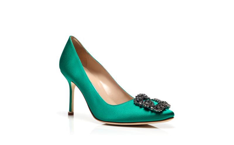 Hangisi 90, Green Satin Jewel Buckle Pumps - US$1,195.00