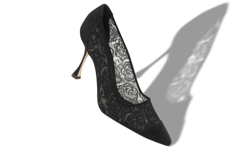 Sololaria, Black Lace Pointed Toe Pumps - US$537.00 