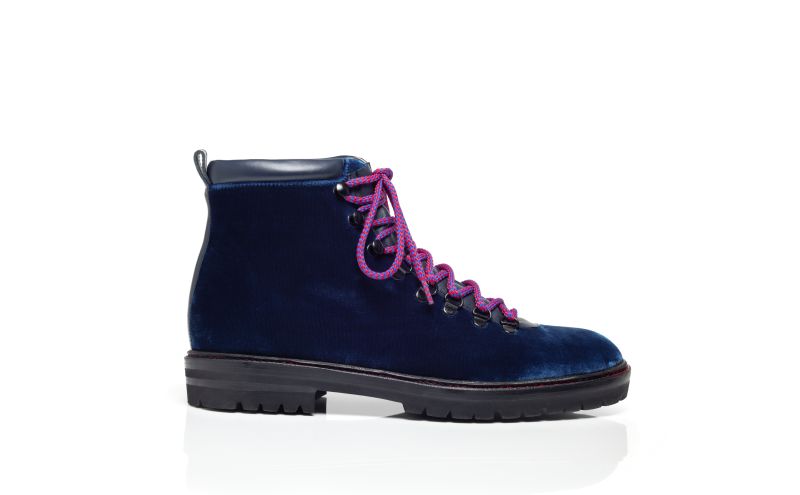 Side view of Calaurio, Navy Blue Velvet Lace Up Boots - US$568.00
