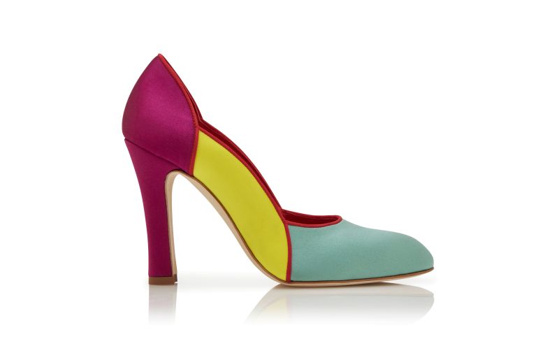 Side view of Designer Teal, Yellow and Pink Satin Scalloped Pumps