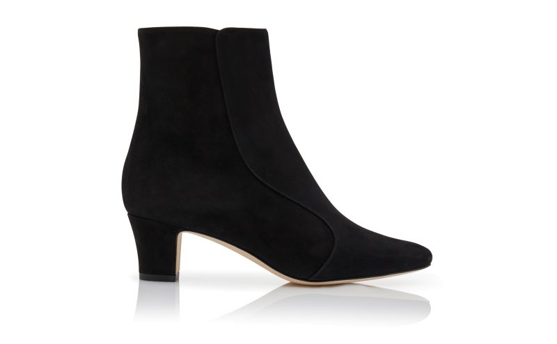 Side view of Myconia, Black Suede Round Toe Ankle Boots - AU$1,985.00