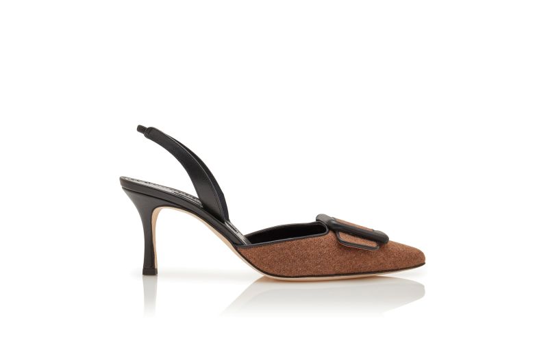 Side view of Mayslibi, Brown and Black Wool Buckle Detail Slingback Pumps - US$950.00