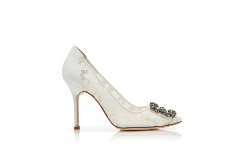 Side view of Hangisi lace, Light Cream Lace Jewel Buckle Pumps - £995.00