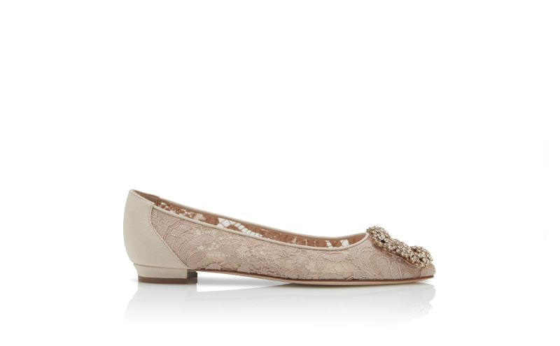 Side view of Designer Pink Champagne Lace Jewel Buckle Flat Pumps