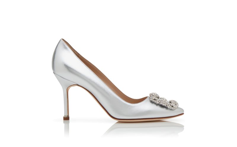 Side view of Designer Silver Nappa Leather Jewel Buckle Pumps