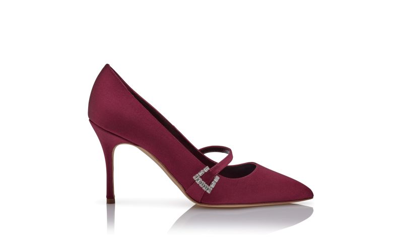 Side view of Ramima, Dark Red Satin Mary Jane Pumps - £775.00
