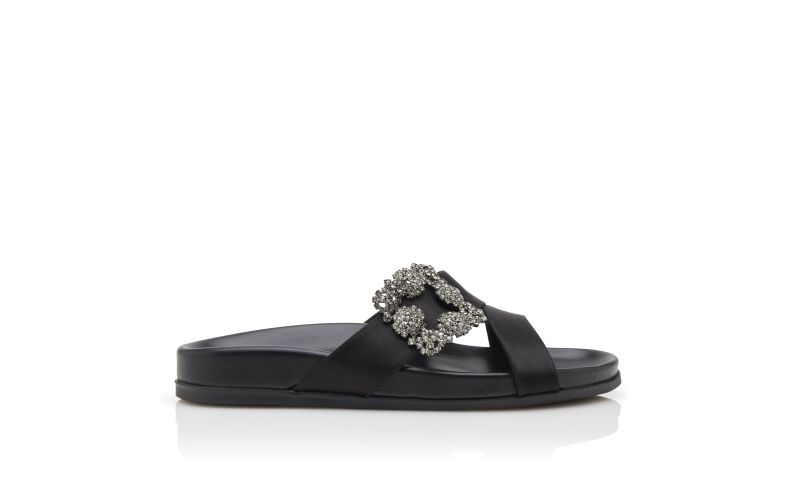 Side view of Chilanghi, Black Satin Jewel Buckle Flat Mules  - US$1,095.00